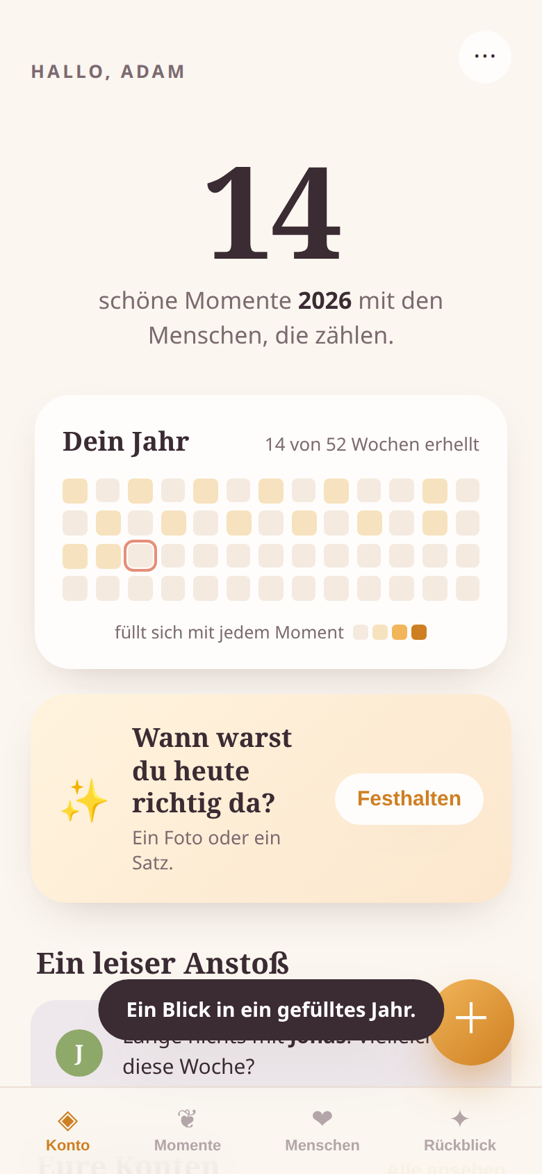 Die Veenja-App zeigt ein warmes gemeinsames Konto mit gesammelten Momenten